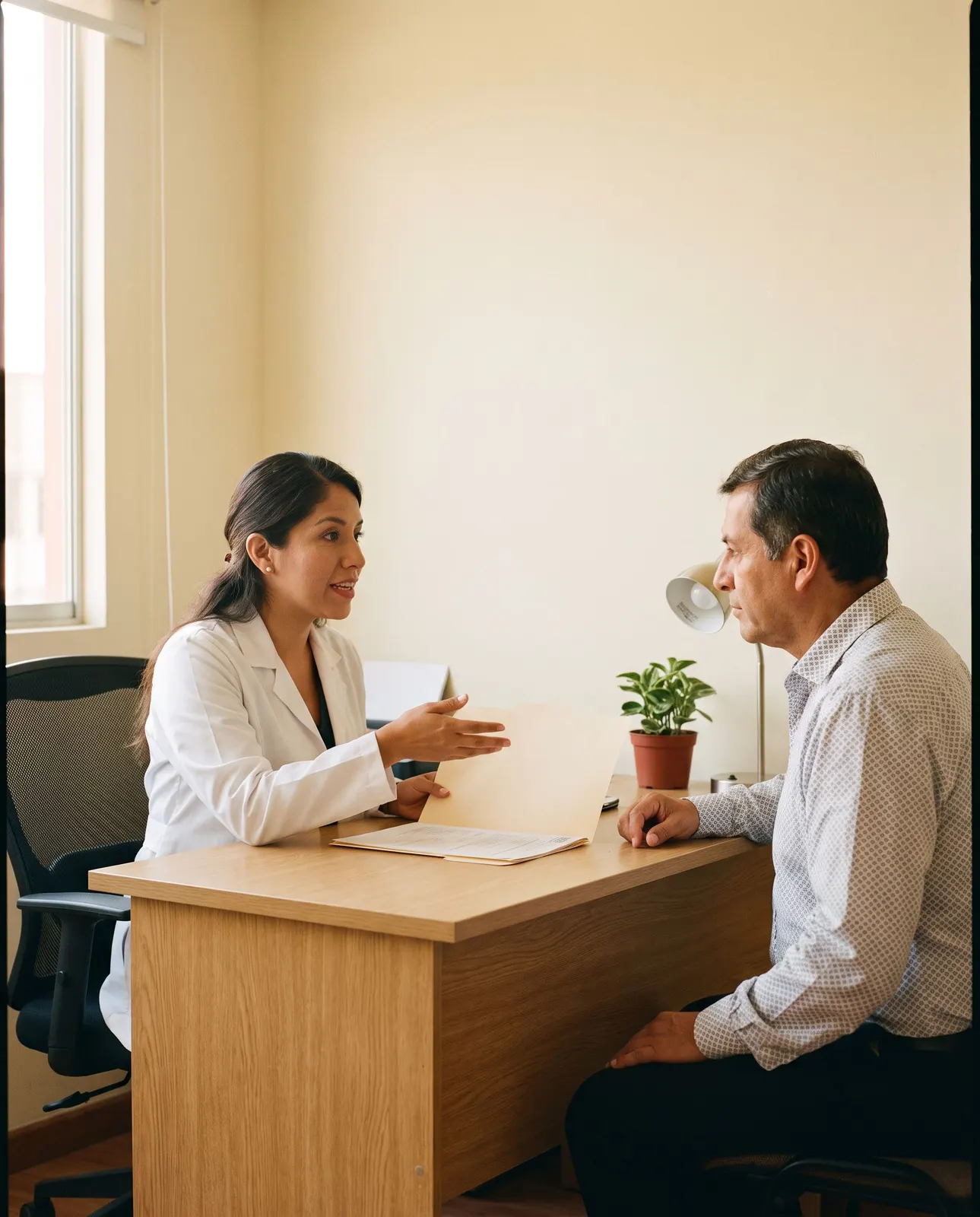 Médica explicando un informe a su paciente en el consultorio